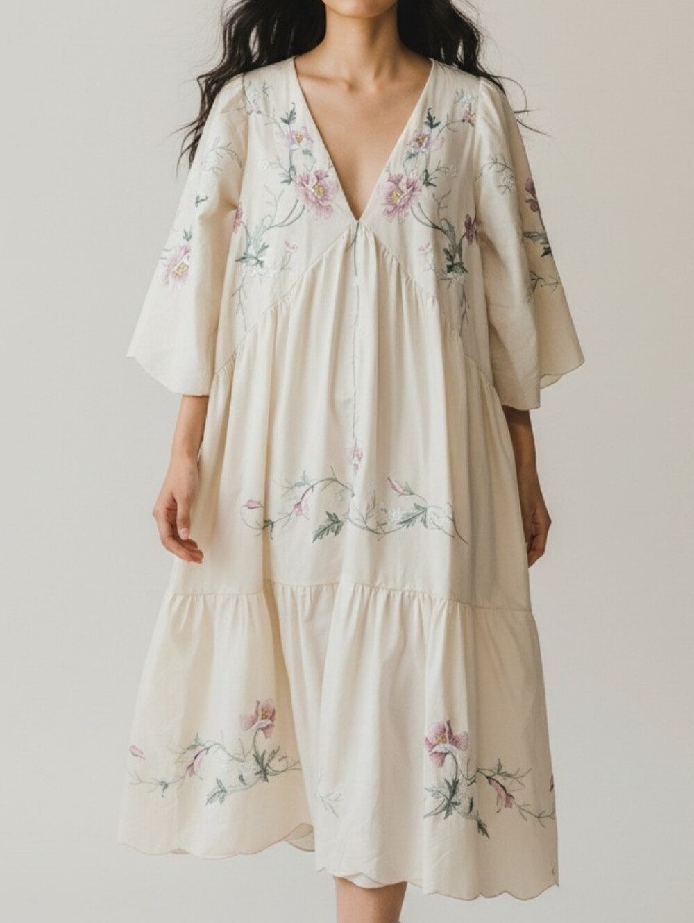 Merchant 73 Cream Embroidered Floral Midi Dress Cottagecore - Picture 1 of 6